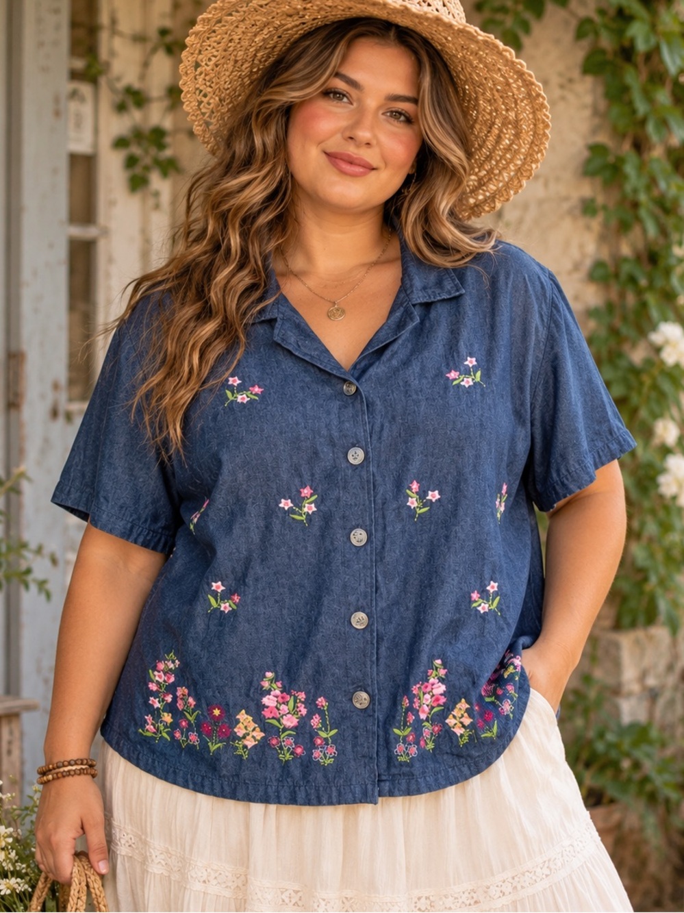 MAURADA VINTAGE Denim Floral Embroidered Boho 90’S Button Front Blouse 22W